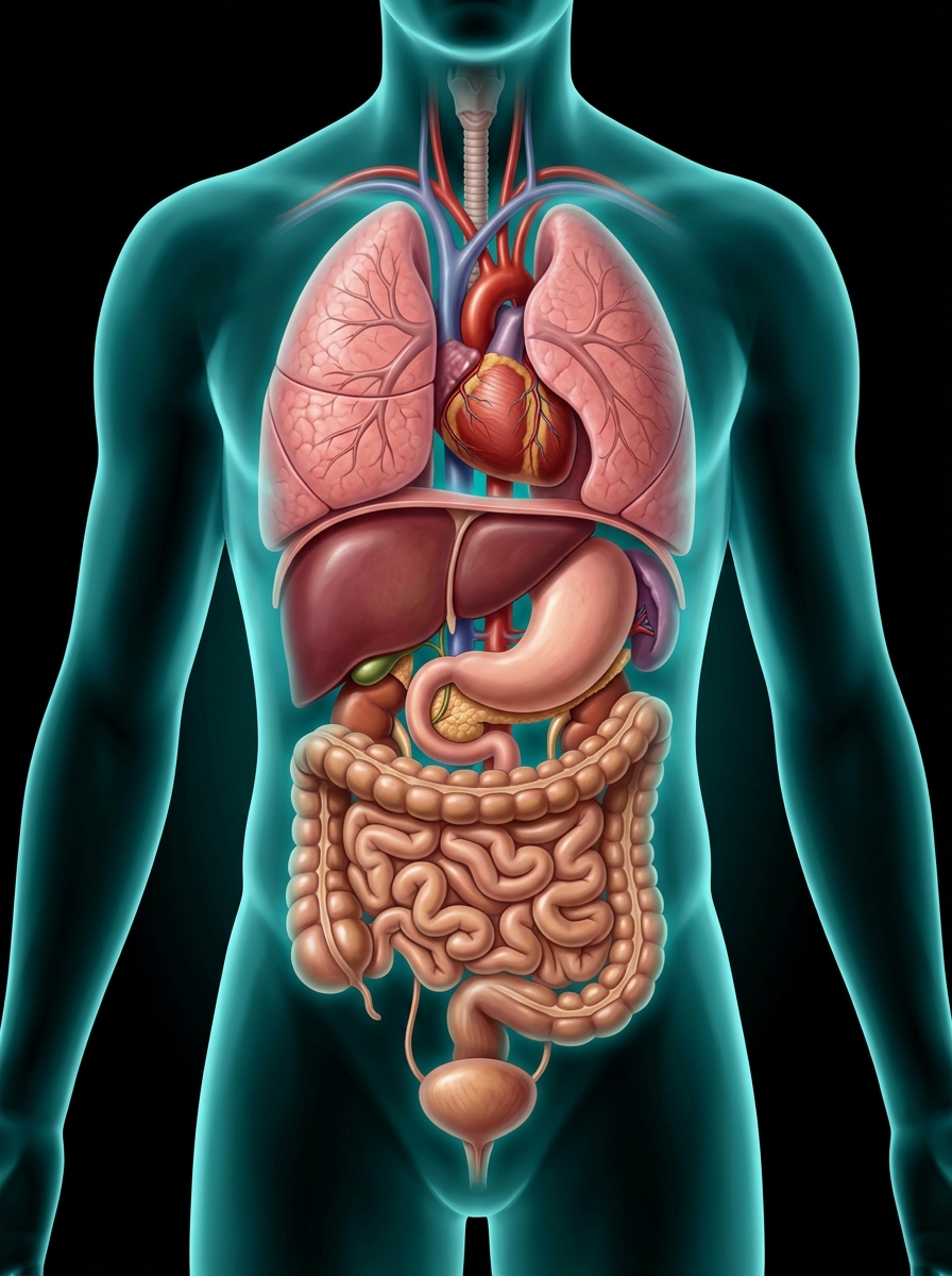 Translucent 3D human body showing the internal organs glowing on their daily rhythm